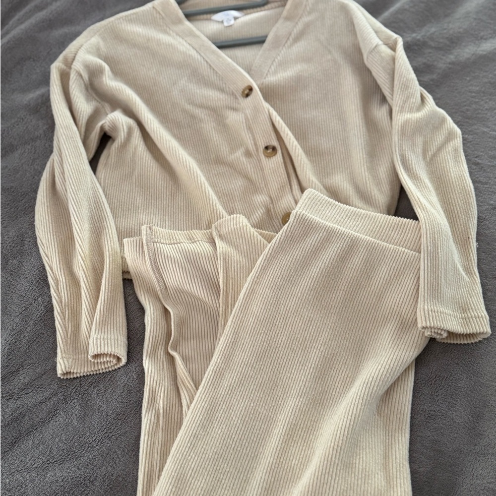 Cream Ribbed Knit Cardigan and Skirt Set